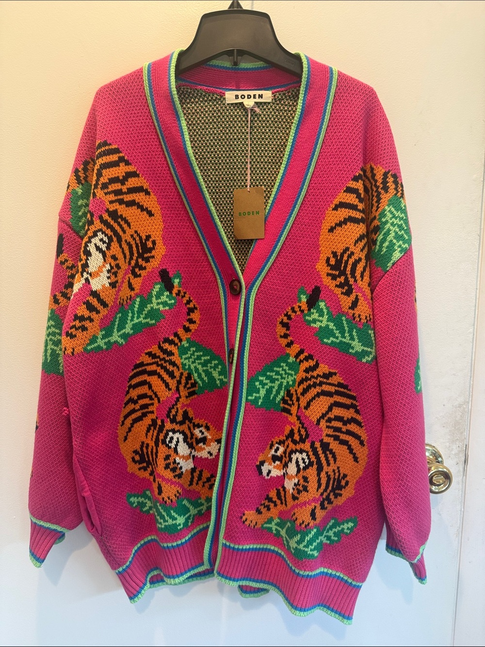 Boden Hot Pink Tiger-Print Knit Cardigan with Green & Orange Accents - Picture 2 of 5